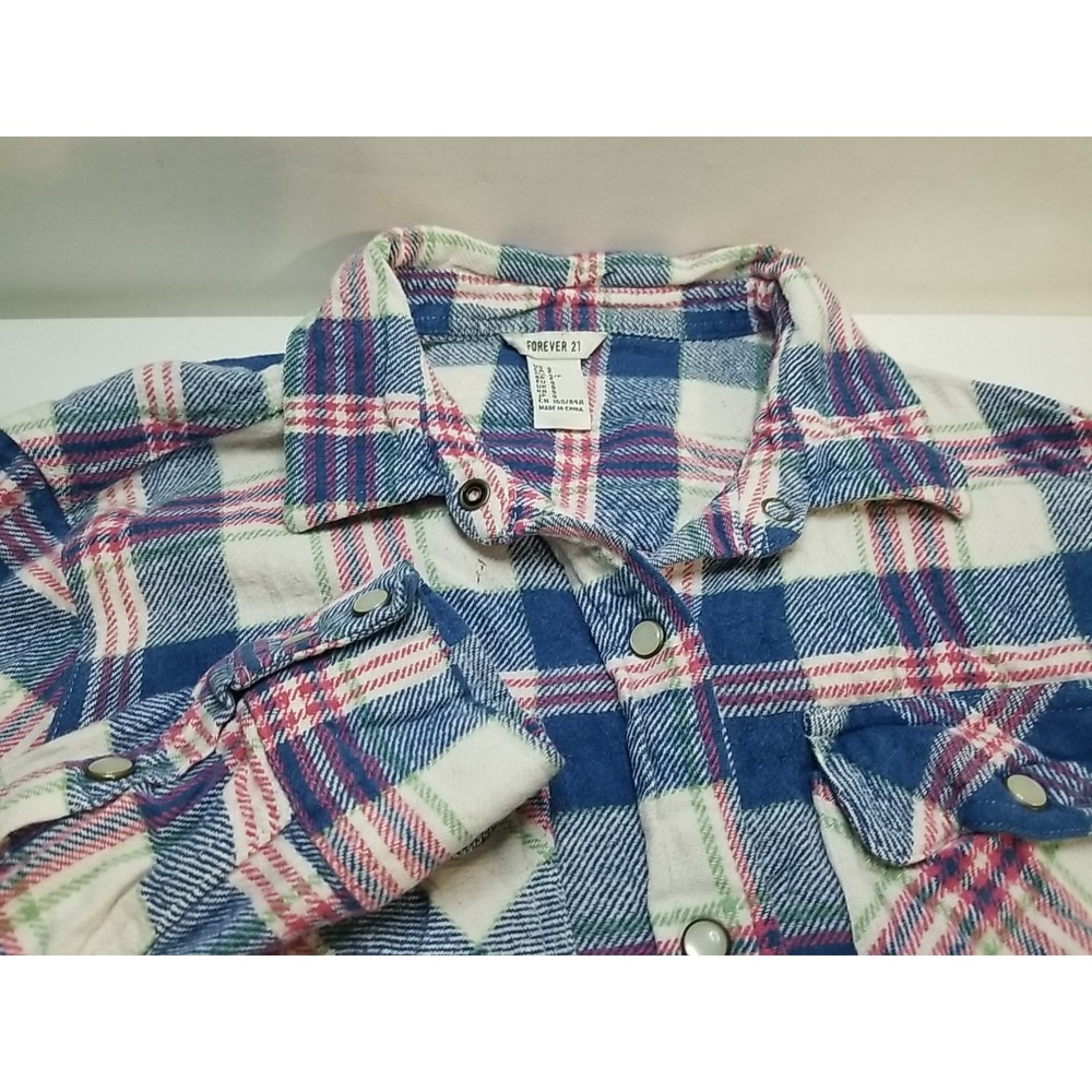 Forever 21 Womens Small Plaid Flannel Button‎ Up Shirt Long Sleeve Blue Pink